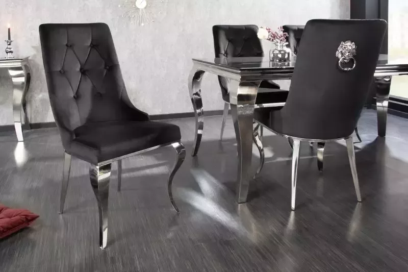Invicta Interior Elegante stoel MODERN BAROK zwart fluweel met zilveren leeuwenkop 41504