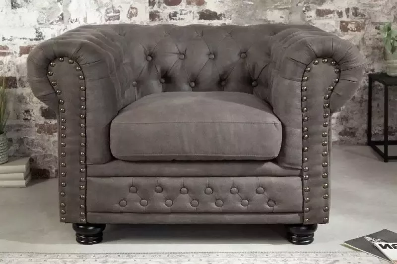Invicta Interior Chesterfield fauteuil 110cm vintage grijs taupe met knoopstiksel en veerkern 40519