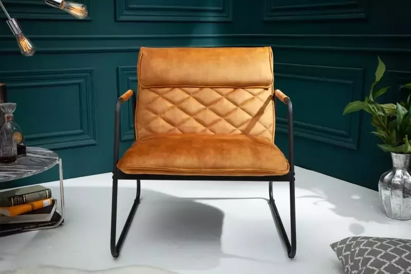 Invicta Interior Retro fauteuil MUSTANG LOUNGER mosterdgeel fluweel met decoratieve stiksels 40759