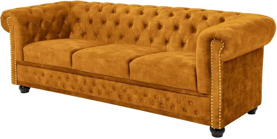 Invicta Interior Bank CHESTERFIELD 205 cm met binnenvering 3-zits fluweel mosterdgeel 47032