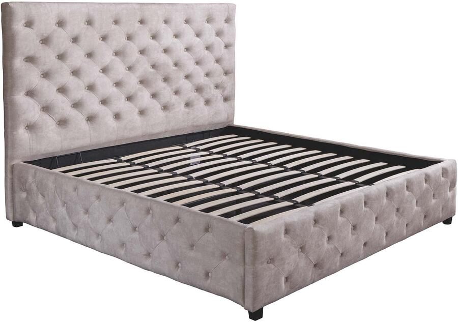Invicta Interior Bed PARIS 180x200cm CHESTERFIELD-look fluweel champagnebeige met opbergruimte 48076