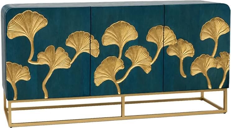 Invicta Interior Dressoir GINKGO 160cm ginkgoblad front mangohout turkoois met gouden metalen frame 49494