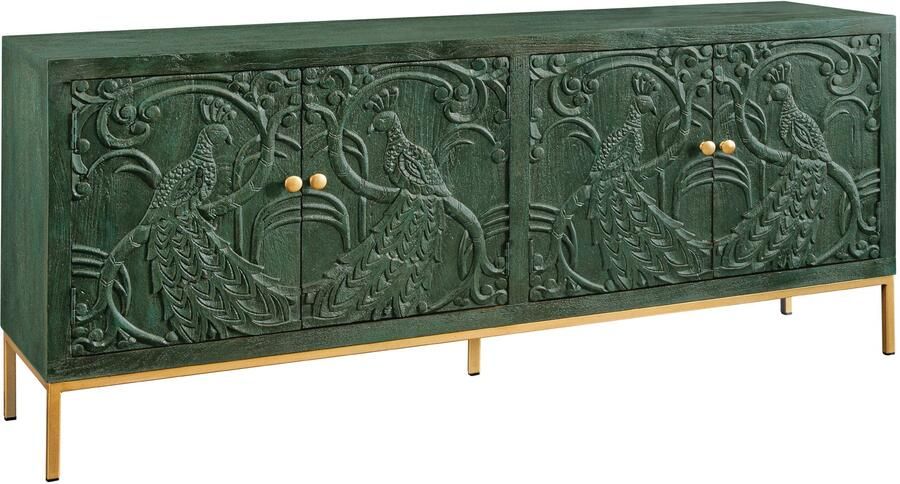 Invicta Interior Dressoir PEACOCK 175cm 3D mangohout antieke look donkergroen goud handgemaakt 45791