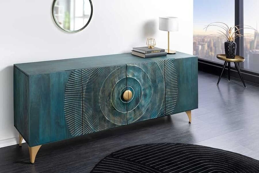 Invicta Interior Handgemaakt dressoir GOLDEN SUNSET 180cm turquoise goud mangohout metalen poten 45643