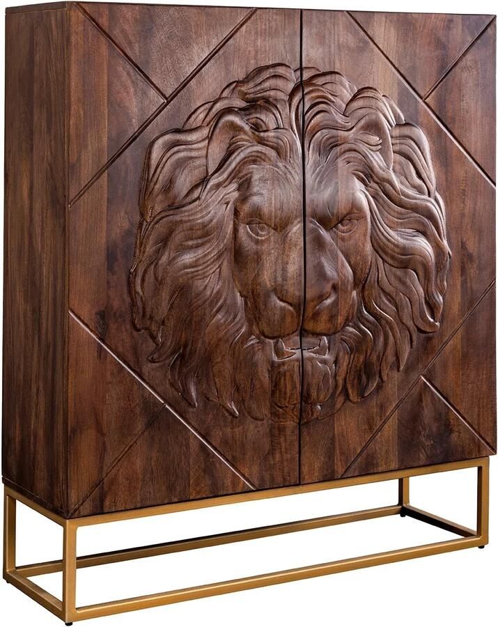 Invicta Interior Highboard LION 120cm met 3D leeuw front mangohout bruin met gouden metalen frame 49499