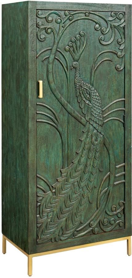 Invicta Interior Highboard PEACOCK 170cm 3D mangohout antieke look donkergroen goud handgemaakt 45590
