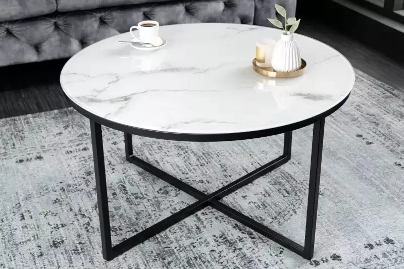 Invicta Interior Elegante salontafel BOUTIQUE 80cm wit rond kristalglas met marmeren decor zwart frame 42159