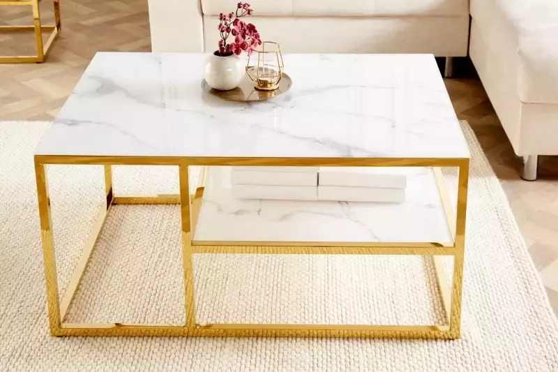 Invicta Interior Elegante salontafel BOUTIQUE 90cm wit kristalglas met marmeren decor gouden frame met twee planken 42175