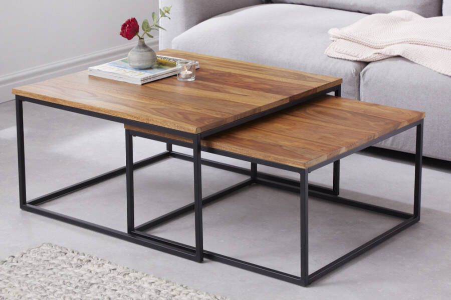 Invicta Interior Design salontafel set van 2 ELEMENTS 75cm Sheesham steenafwerking massief hout zwart metalen frame 40711