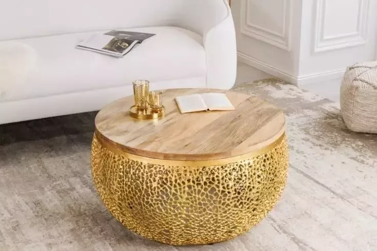 Invicta Interior Design salontafel ABSTRACT LEAF 80cm goud massief mangohout handgemaakt metaal rond 42250