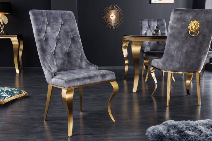 Invicta Interior Elegante stoel MODERN BAROK grijs fluweel met gouden leeuwenkop 42318