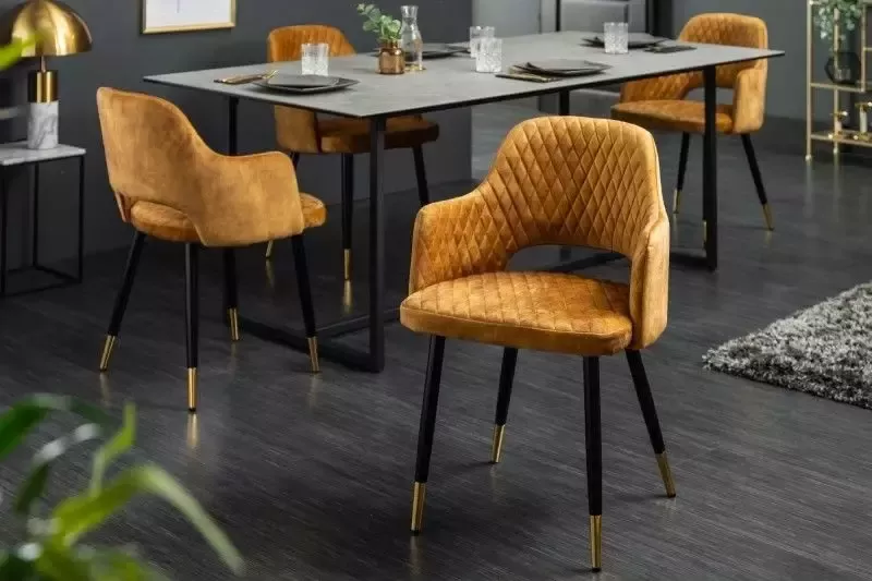 Invicta Interior Elegante stoel PARIS mosterdgeel fluweel decoratief quilten en gouden voetkappen 40573