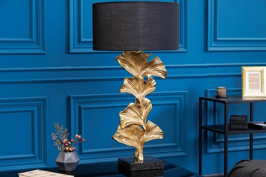 Invicta Interior Design tafellamp GINKGO 70cm zwarte stoffen kap gouden metalen handgemaakte marmeren voet 41694