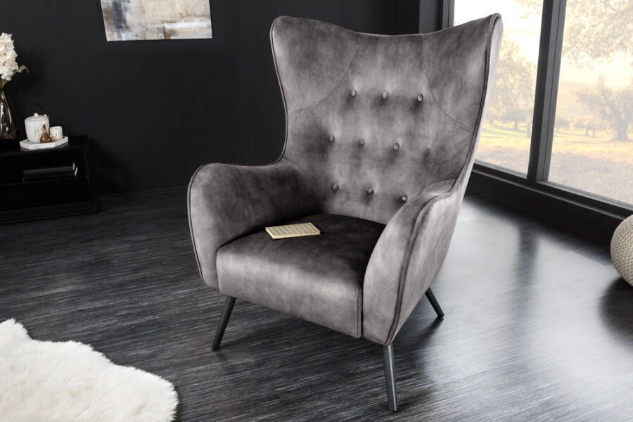 Invicta Interior Design XL fauteuil AMSTERDAM grijs fluweel zwart metalen poten retrostijl 43567