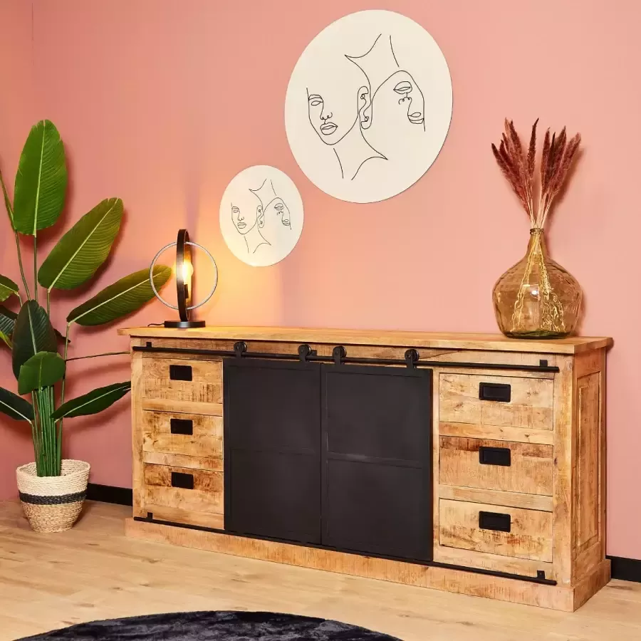 Starfurn Dressoir Mangohout schuifdeuren Fresno 200 cm Mangohout Staal Bruin Zwart