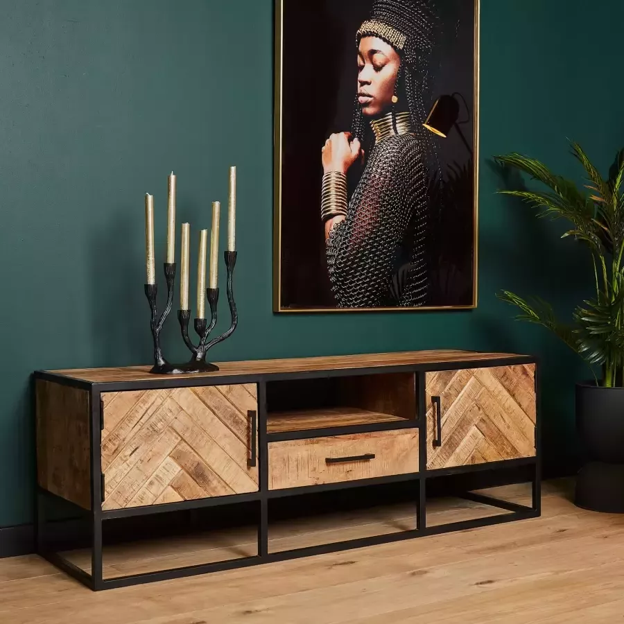 Starfurn Tv meubel Arlington Visgraat Mangohout Staal 145 cm