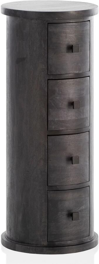 Wohnling Design Dressoir Mango Massief Hout Zwart 34x85x34 cm | Kast met 4 laden | Smalle zijkast massief | Mini ronde ladekast