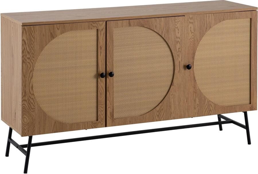 Ervesto Dressoir 140x80x39 cm ladekast eiken decor met rotanweefsel moderne hoge ladekast staande kast met 3 deuren dressoir woonkamer