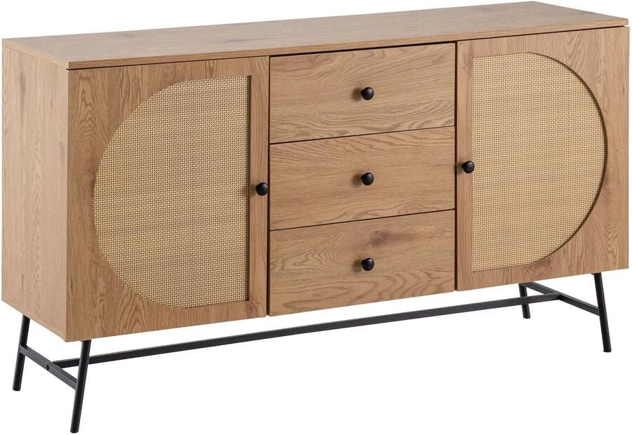 Ervesto dressoir 140x80x40 cm ladekast eiken decor met rotanweefsel moderne hoge ladekast staande kast met 2 deuren en 3 laden dressoir woonkamer - Foto 2
