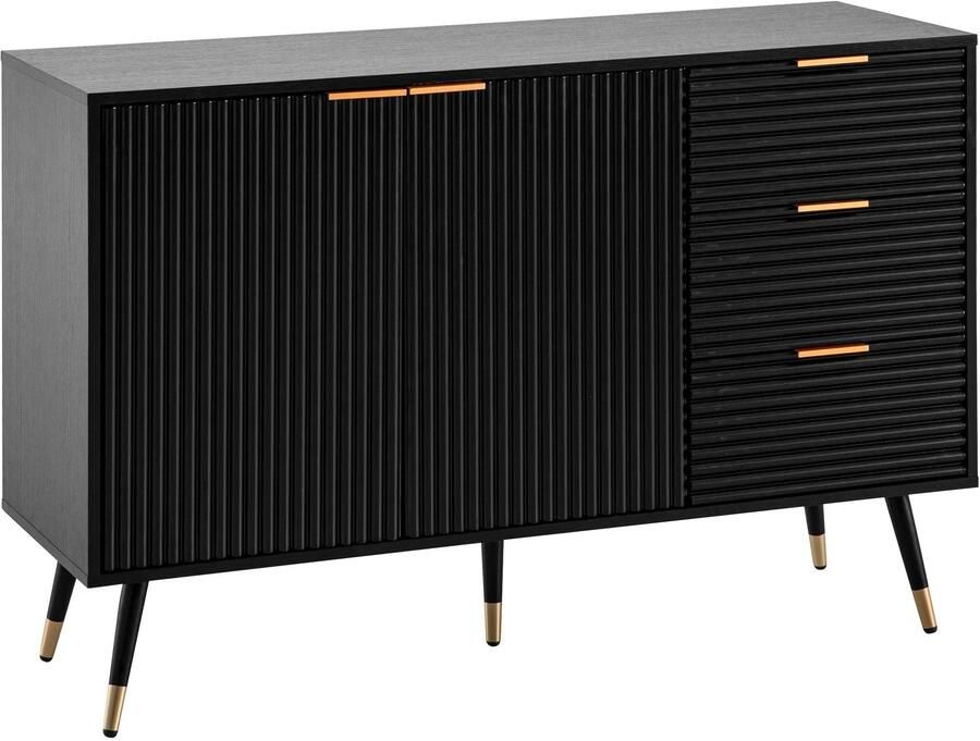 Ervesto Dressoir 120x80x40 cm Dressoir Zwart met Eiken Decor Ladekast met deuren en laden Ladekast Halkast Modern Staande Kast Woonkamer Metalen Poten