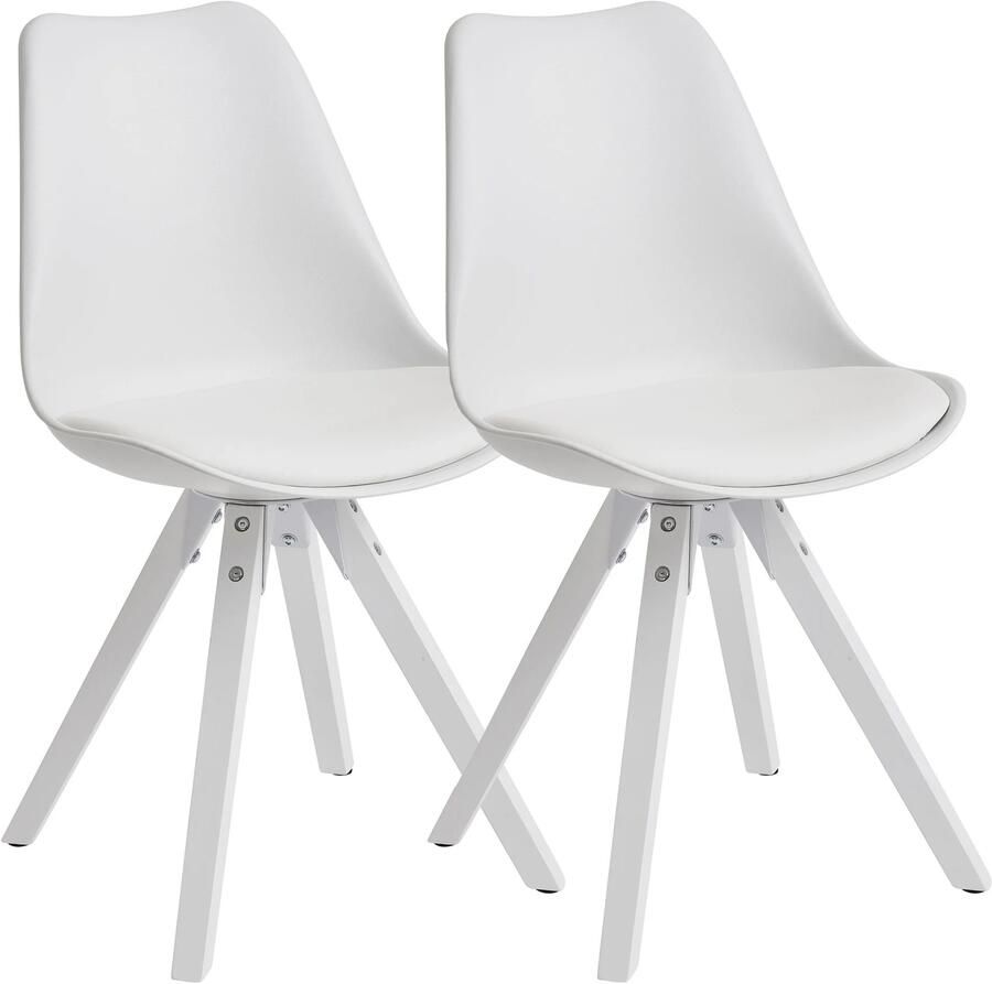 Amstyle Set van 2 Retro Eetkamerstoelen Wit Scandinavisch Rugleuning gestoffeerde stoel Keukenstoel met witte poten Stoel bekleed met kunstleer