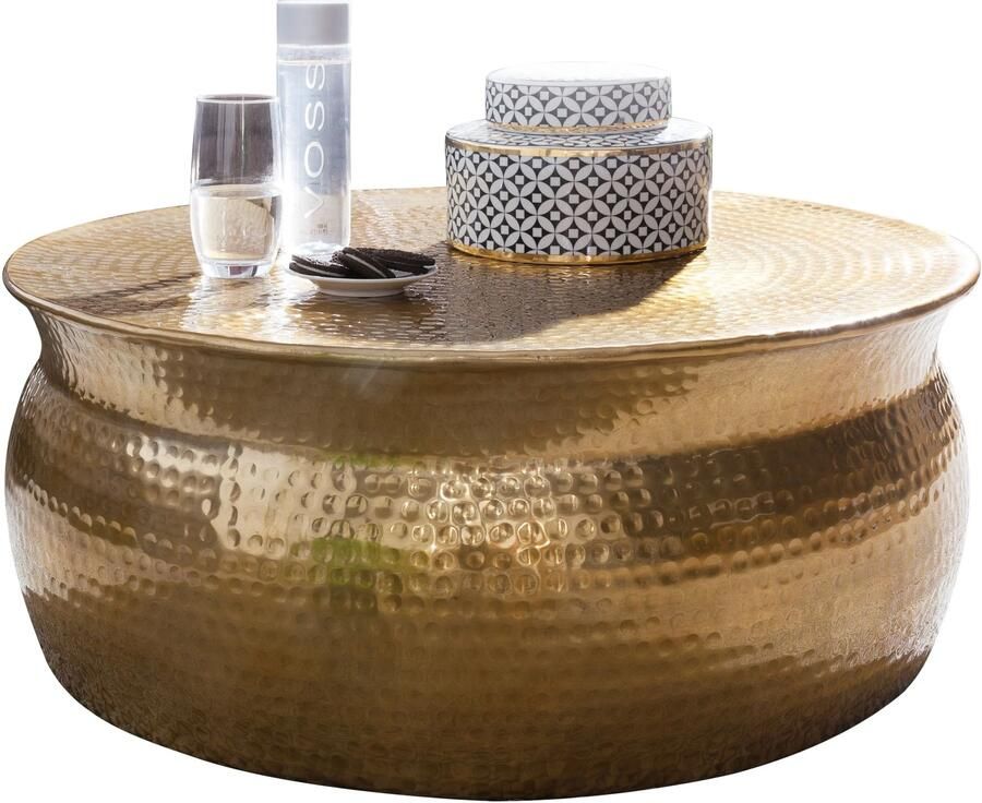 Wohnling salontafel KARAM 75x31x75 cm aluminium gouden bijzettafel oosterse rond | Plat gehamerd koffietafeltje metaal Design salontafel modern | Tafel klein Indiaas stub tafel klein