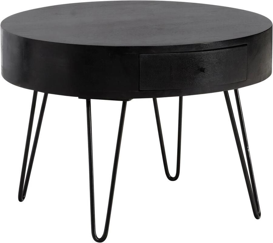 Ervesto salontafel 60x60x43 cm mango massief hout metalen salontafel design woonkamertafel rond met lade salontafel opbergruimte massief kleine tafel woonkamer haarspeldpoten