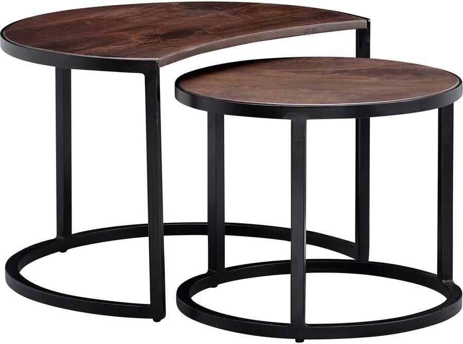 Wohnling salontafel set van 2 Mango massief houten metalen salontafel rond | Industriële bijzettafel met metalen poten zwart | 2-delige placemat bijzettafel van hout - Foto 2