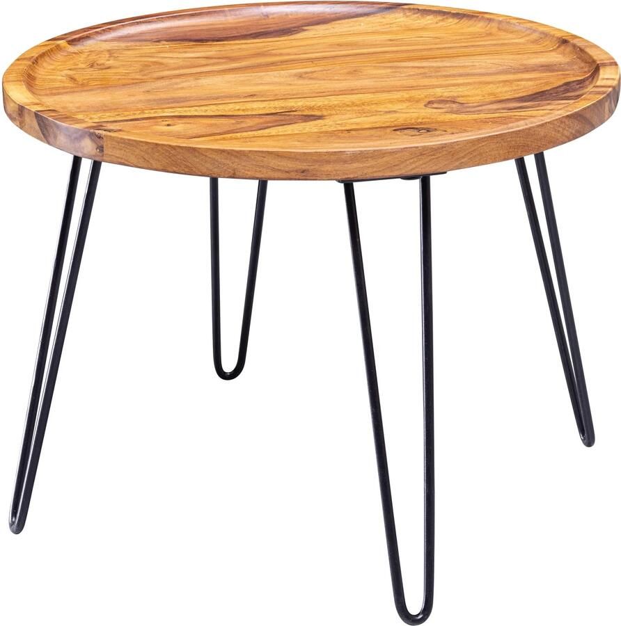 Sky Style salontafel Sheesham massief hout 60x45x60 cm woonkamer tafel rond Banktafel met haarspeldpoten Salontafel van hout en metaal
