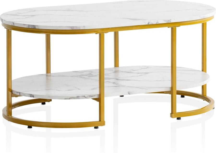 Ervesto salontafel 100x60x45 cm wit met marmerlook design woonkamertafel rechthoekig loungebanktafel met plank moderne salontafel met gouden metalen frame