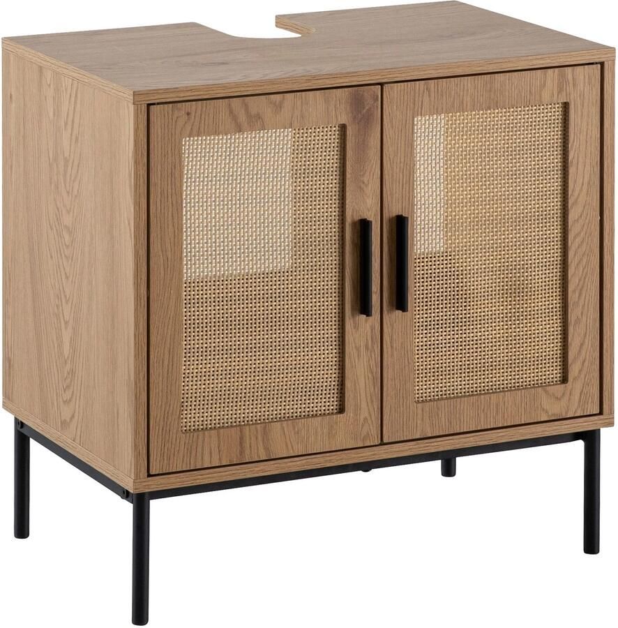 Wohnling wastafelonderkast eiken look 60x60x40 cm met deuren badkamerkast met rotanweefsel staande onderkast badkamerkast midikast kleine wastafel