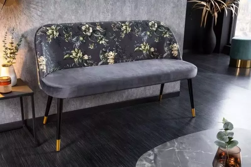 Invicta Interior Design bank PRÊT-À-PORTER grijs fluweel bloemmotief en gouden voetdoppen 41707