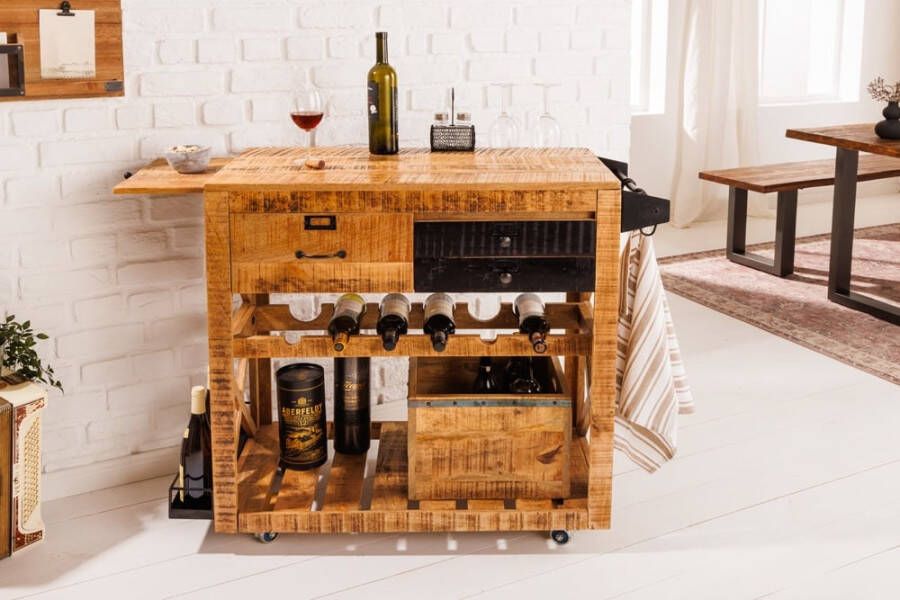 Invicta Interior Industriële barkast BODEGA 86 cm mangohouten serveerwagen met wijnrek en ophanging 42305