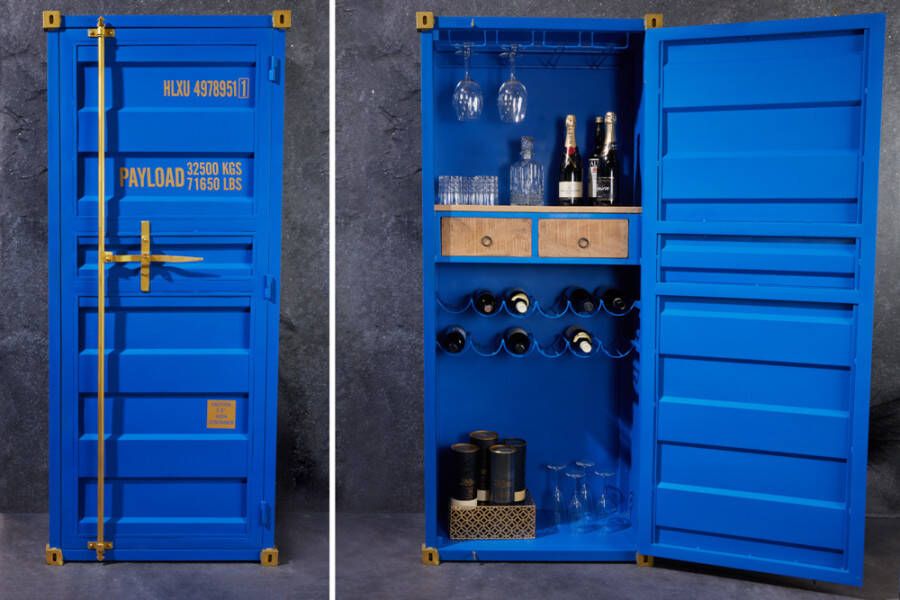 Invicta Interior Design barkast container GLOBETROTTER 180cm blauw wijnrek upcycling 43598 - Foto 1