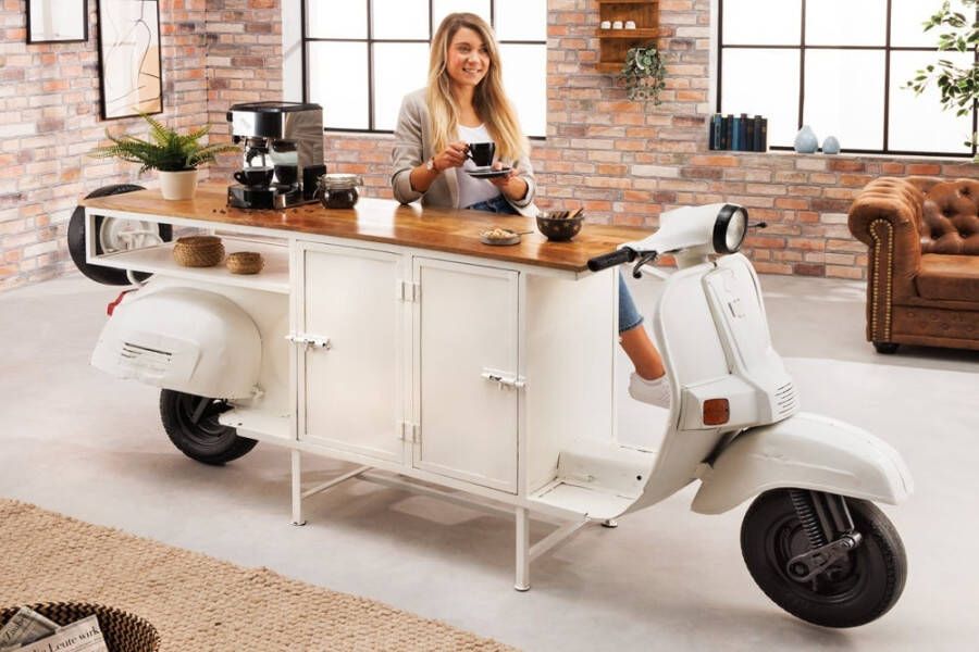 Invicta Interior Extravagante barkast SCOOTER 250cm witte retro console scooter met mangohout upcycling 42104