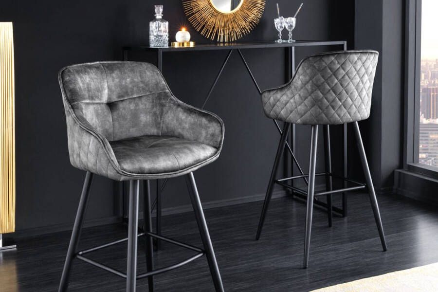 Invicta Interior Design barkruk EUPHORIA grijs fluweel zwart metalen poten barstoel met rugleuning 43690 - Foto 1