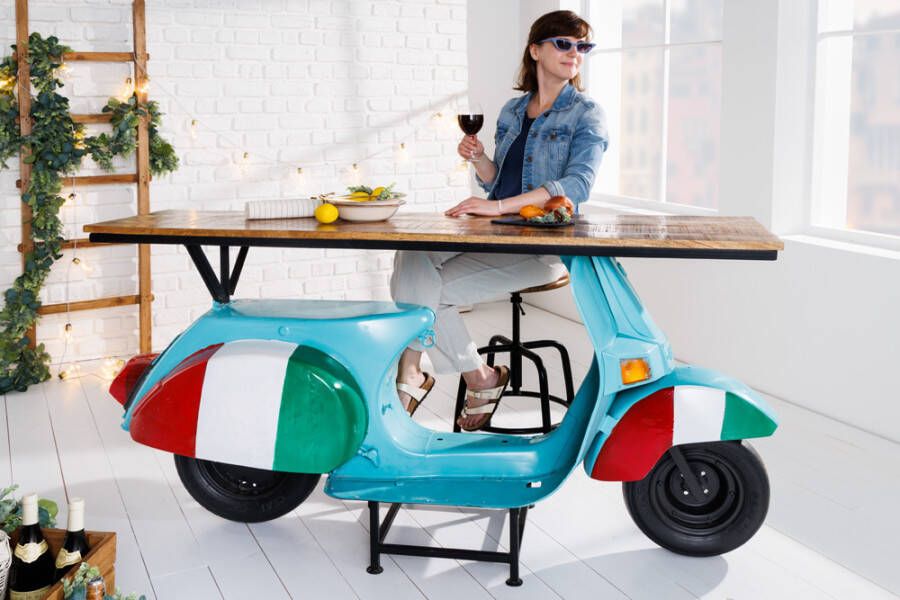 Invicta Interior Extravagante bar SCOOTER 166cm turquoise Italia look met mangohout scooter upcycling 42106