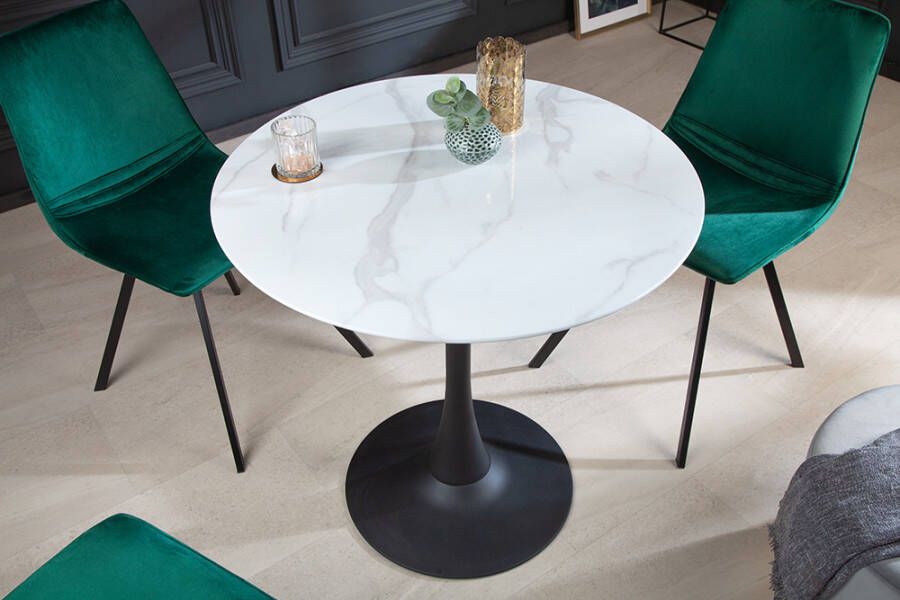 Invicta Interior Design eettafel bistrotafel LYON 80cm rond kristalglas met marmeren decor wit onderstel 41525