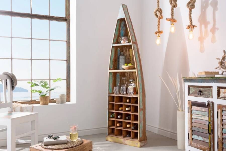 Invicta Interior Stevige Boot Plank JAKARTA 190cm Kleurrijk Mango Hout Gemaakt van Gerecycleerde Vissersboten Wijnrek 36358