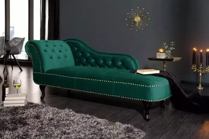 Invicta Interior Design chaise longue CHESTERFIELD 170 cm smaragdgroen fluwelen knoopsluiting klinknagels 39429