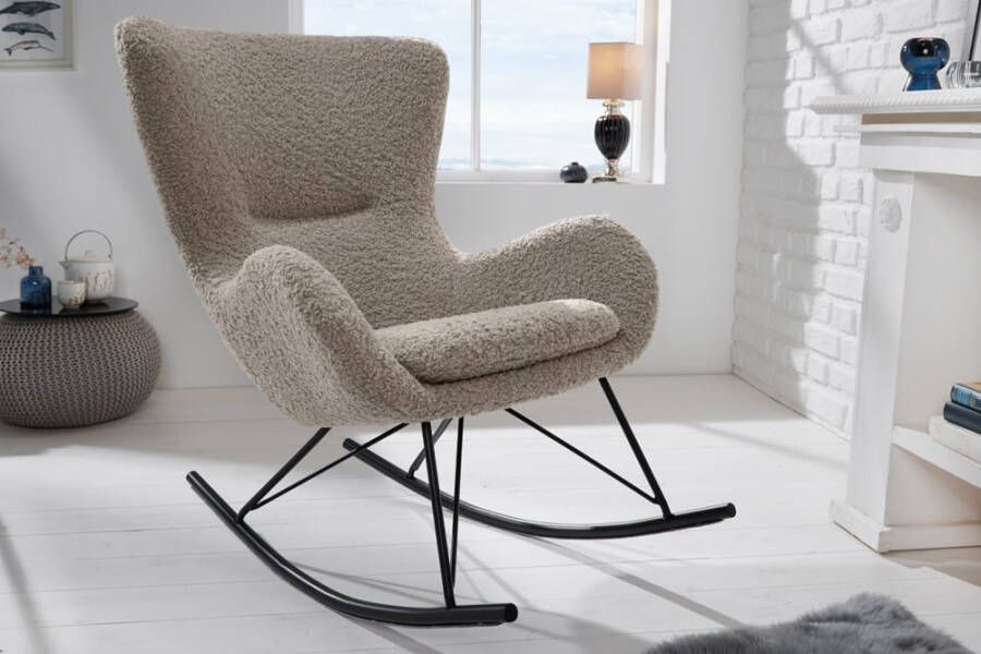 Invicta Interior Design schommelstoel SCANDINAVIA SWING champagne greige Bouclé fauteuil zwart metaal 44149