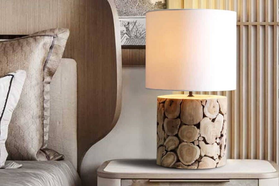 Invicta Interior Design tafellamp PURE NATURE 45cm naturel handgemaakt massief hout katoenen kap wit 43930 - Foto 1