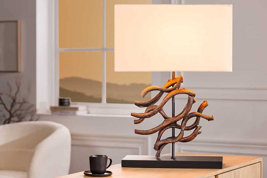 Invicta Interior Design tafellamp WAVE 60cm natuurlijk massief hout handgemaakte beige katoenen kap 43931