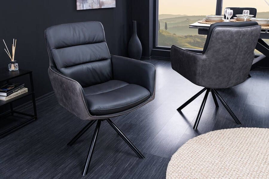 Invicta Interior Draaibare design stoel BIG GEORGE antraciet echt leer microvezel met armleuning retro 43636 - Foto 1