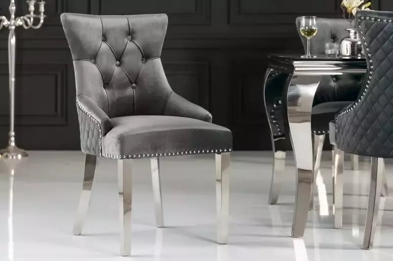 Invicta Interior Elegante stoel CASTLE DELUXE grijs fluwelen leeuwenkop Chesterfield design eetkamerstoel klinknagels 40471