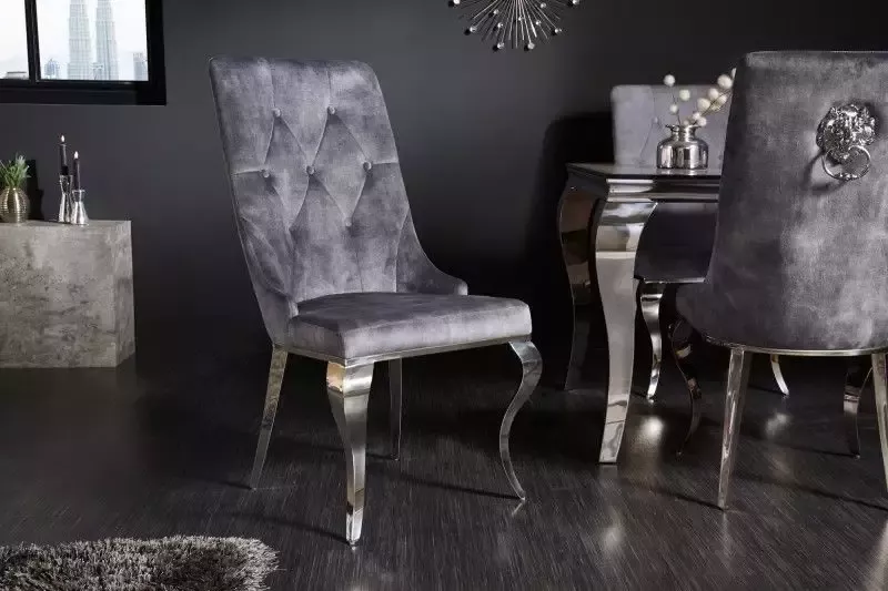 Invicta Interior Elegante stoel MODERN BAROK grijs fluweel met zilveren leeuwenkop 41507