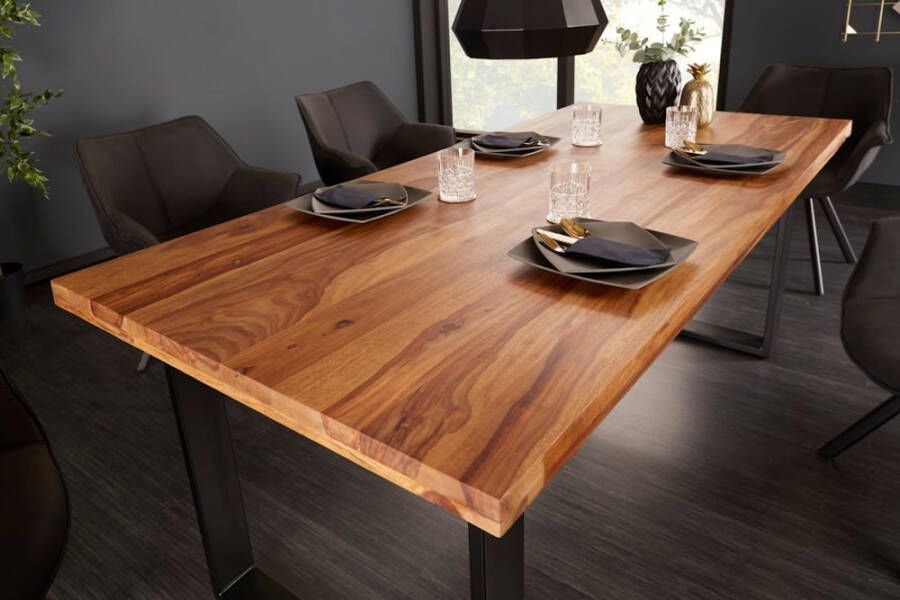 Invicta Interior Massief houten eettafel IRON CRAFT 160cm naturel zwarte Sheesham steenafwerking Industrieel Design 39868