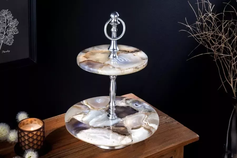 Invicta Interior Decoratieve taartstandaard NOBLE 35cm zilveren edelsteen handgemaakt agaatkwarts aluminium 41559 - Foto 1