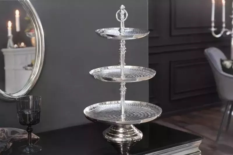 Invicta Interior Elegante taartschaal ORIENT 50cm zilver in Rijsthamer-design met drie niveaus 40385