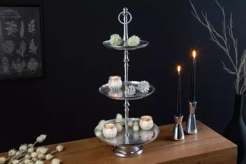 Invicta Interior Elegante taartschaal ORIENT 65cm zilver in wild hamerdesign met drie niveaus 41536 - Foto 1